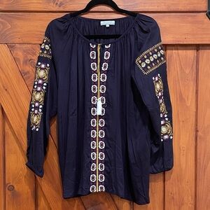 Cost Plus World Market Navy Embroidered Blouse Sz S/M